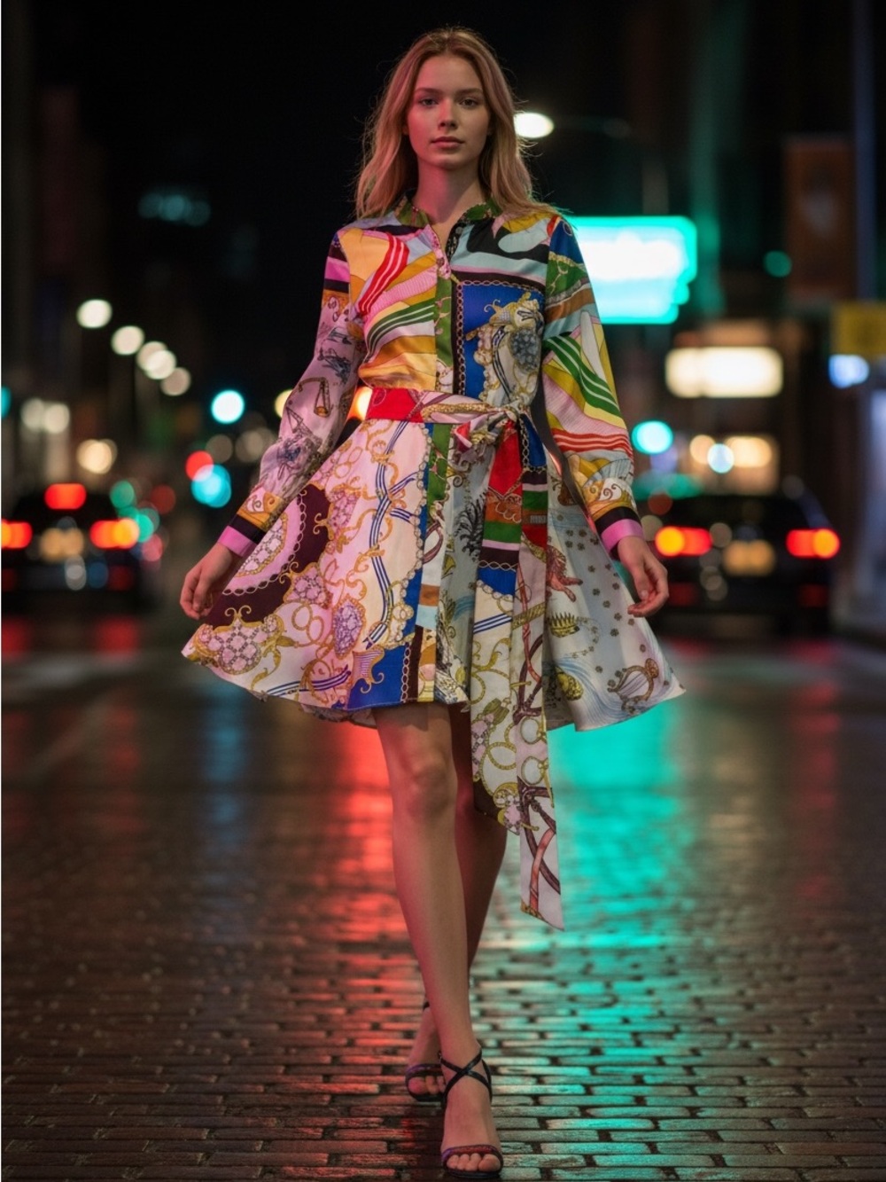 Zara Multicolor Printed Tie-Waist Mini Dress